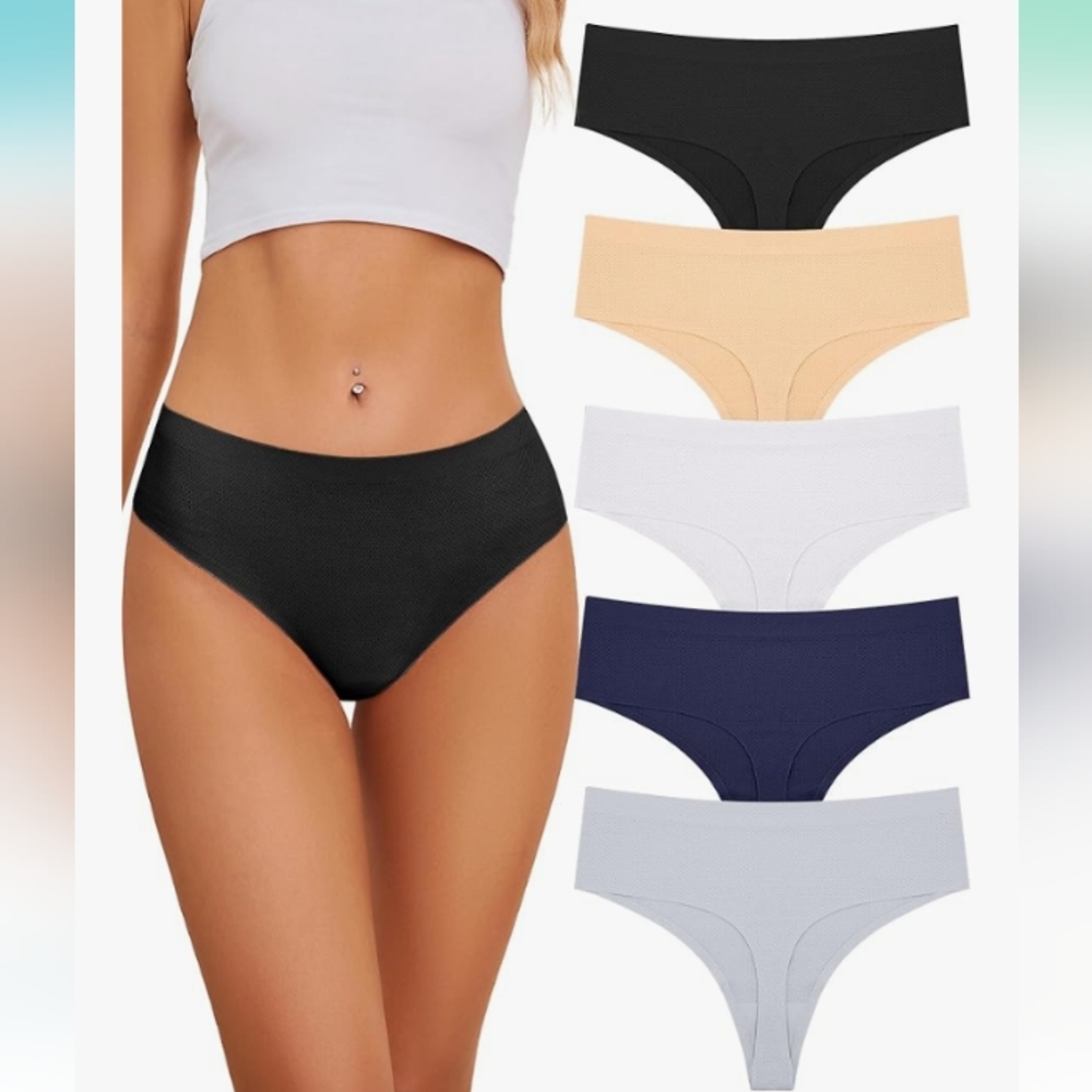 🐰5 Pack Seamless Women's Thongs - Black, Beige, White, Blue, Gray XSmall